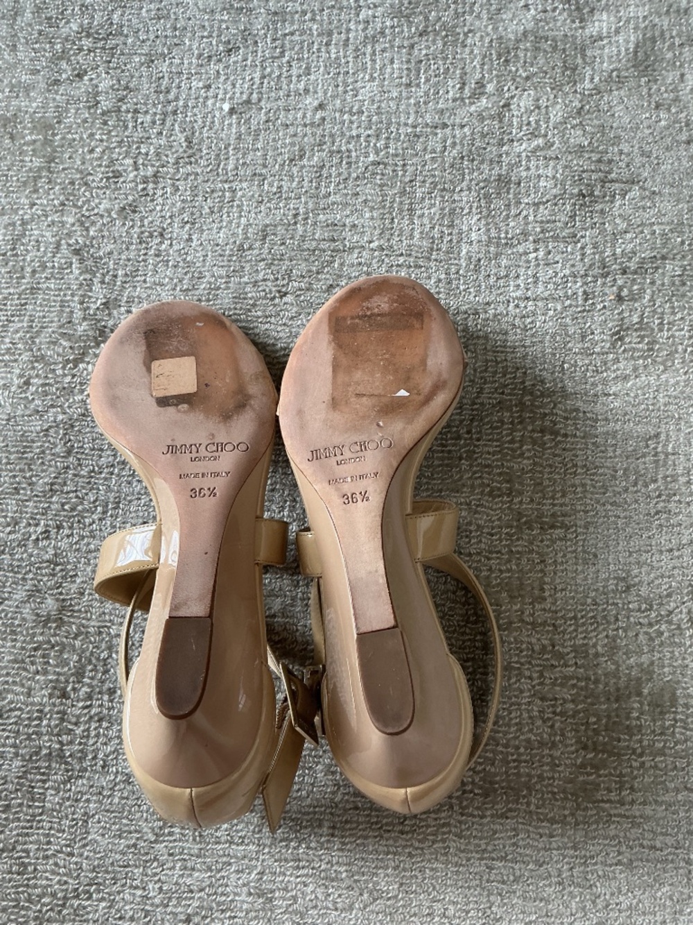 JIMMY CHOOSE Chiara Patent Leather Beige Nude Low Wedge Sandal Size 36.6/6.5 - Picture 4 of 4